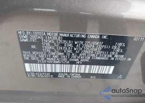 2011 Toyota Rav4 z USA, uszkodzony, nr VIN 2T3ZF4DV3BW075258